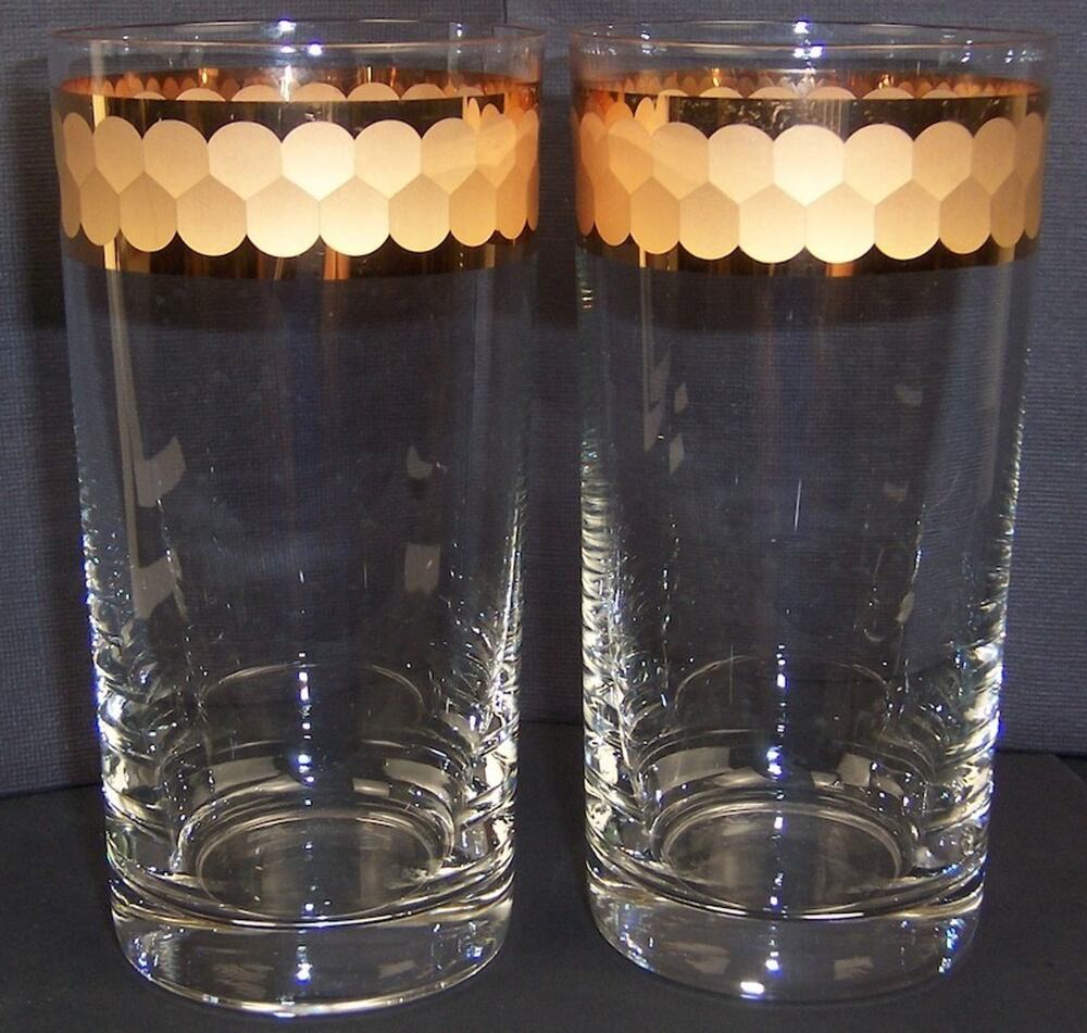 Vintage Bohemia Czechoslovakia Crystal Highball Glasses Gold Honeycomb Band 2pc